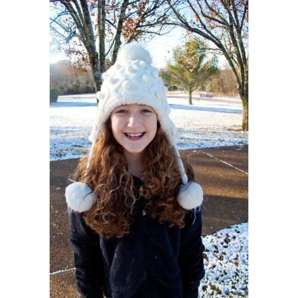 Girl's Sherpa Lined Ivory Winter Beanie Hat Cap w/Pom Pom Tails OSFM Hats - Picture 1 of 4